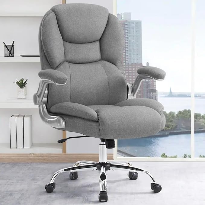 IWMH Executive Office Chair, Ergonomic Big and Tall Computer Desk Chair, High Back with Padded Flip-up Armrest, Lumbar Support Swivel Rolling Chair Grey