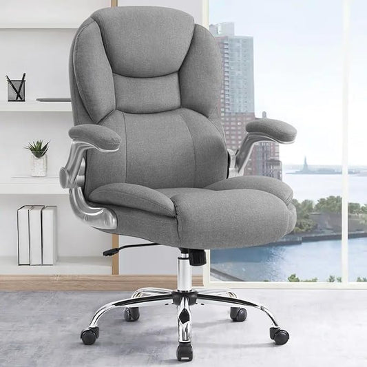 IWMH Executive Office Chair, Ergonomic Big and Tall Computer Desk Chair, High Back with Padded Flip-up Armrest, Lumbar Support Swivel Rolling Chair Grey