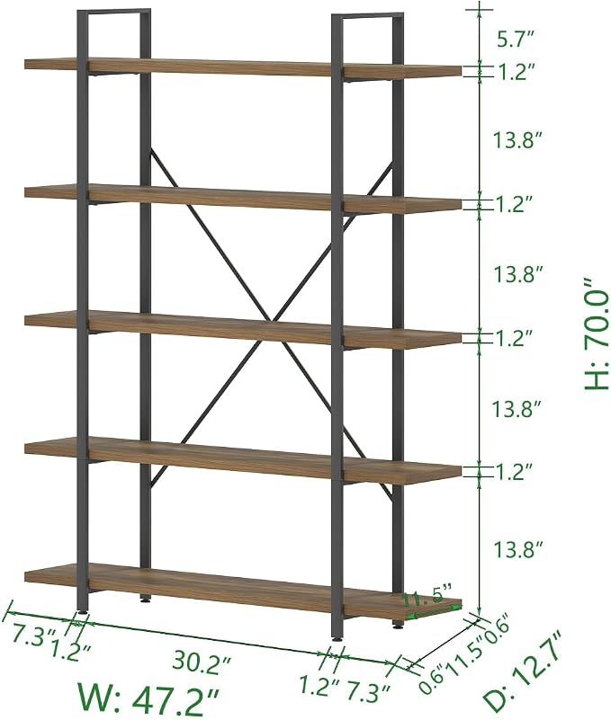 HSH Industrial Wood and Metal 5 Tier Bookshelf, Large Tall Open Rustic Wide Etagere Bookcase, Vintage Farmhouse Modern Wooden Big Book Shelf for Home Living Room Bedroom Office Storage, Rustic Oak