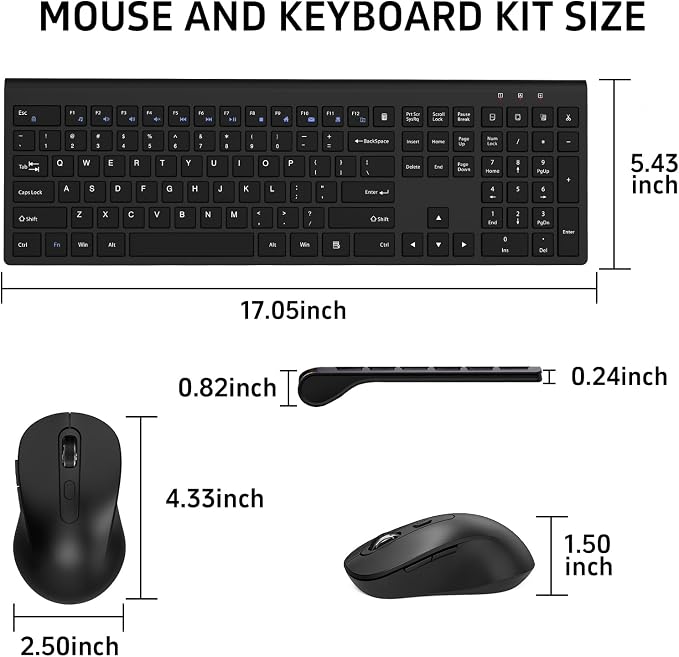 Full-Size Computer Keyboard with Calculator Button, 2400 Dpi Ergonomic Mouse, Ultra-Thin Cordless USB Keyboard and Mouse Set for Laptop Windows Mac - Black