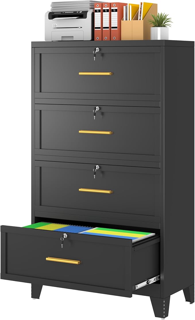 erosoei 4 Drawer File Cabinet with Lock, Metal Lateral File Cabinets for Home Office, Steel Wide Filing Organization Storage Cabinets, Home Office Furniture for Hanging Files Letter/Legal/F4/A4 Size