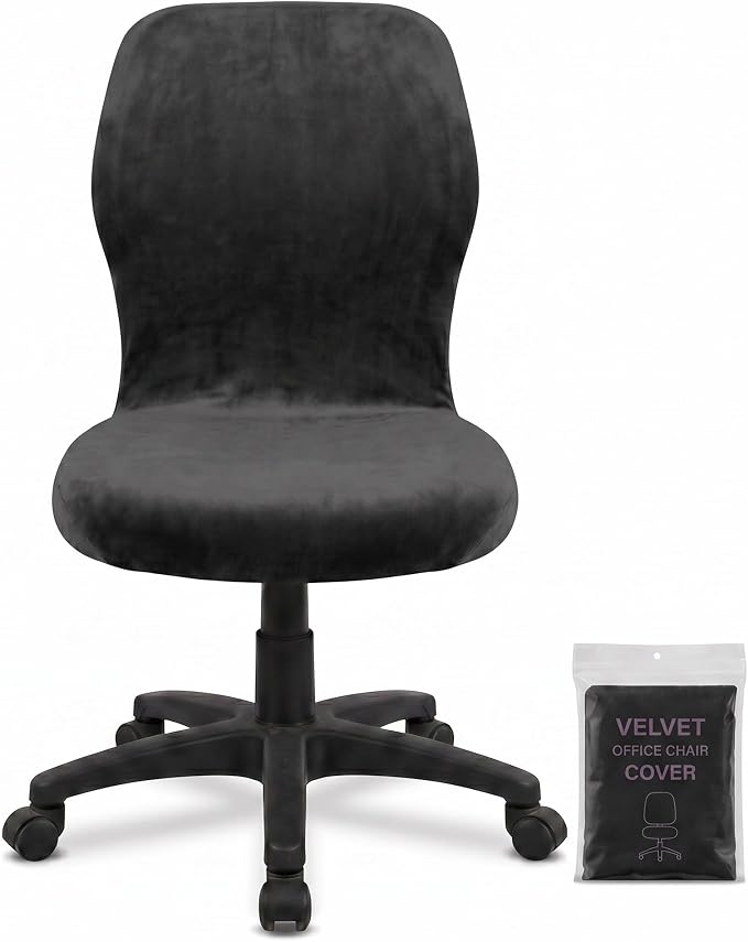 Deisy Dee Velvet Stretch Armless Office Chair Covers - Colorful Stretch Slipcover for Desk Chairs (Black)