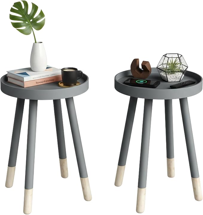 Lavish Home Round End Table Set of 2 – 17 Inch Small Round Side Table Set with Tray Tops and Color-Block Spindle Legs – Wooden Mid Century Modern Living Room Furniture (Gray)