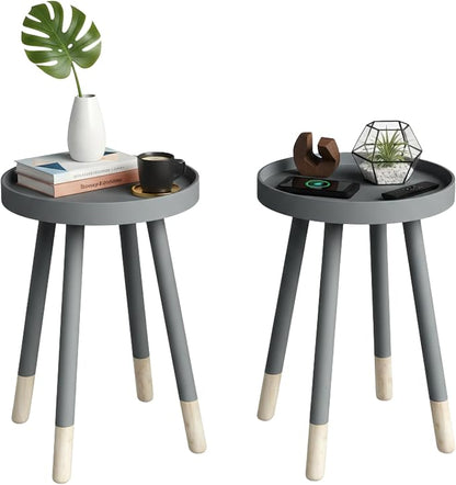 Lavish Home Round End Table Set of 2 – 17 Inch Small Round Side Table Set with Tray Tops and Color-Block Spindle Legs – Wooden Mid Century Modern Living Room Furniture (Gray)