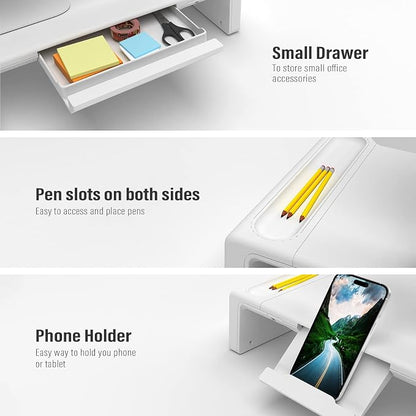 OImaster Monitor Stand Riser with Drawer - Adjustable Foldable Computer Monitor Stand for Desk, Desktop Organizer with Phone Holder & Pen Slot, Space Saving Laptop Riser for Home Office, White