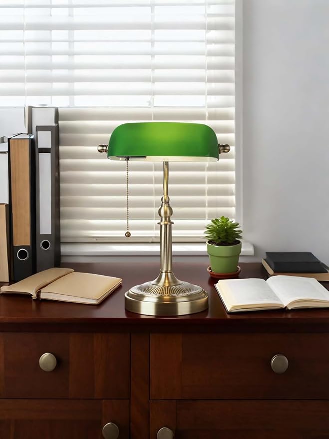 Green Glass Bankers Desk Lamp with Pull Chain Switch Plug in | Fixture for Home Office