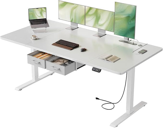 HLDIRECT Electric Standing Desk, 63 x 31.5 Inches Height Adjustable Table with Outlets, Sit Stand Computer Desk with Drawers for Home Office, Ergonomic Rising Workstation, White