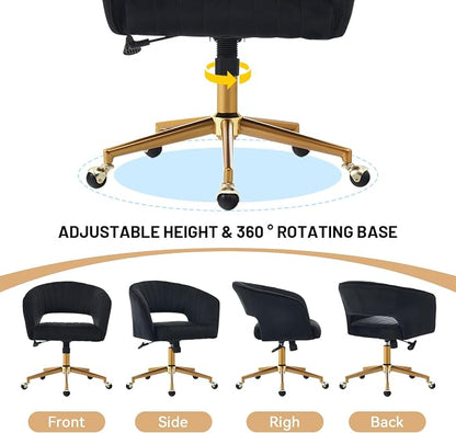 Vanity Chair with Back 360 Swivel Armchair and Gold Base, Criss Cross Chair with Wheels for Vanity Home Office, Living Room, Bedroom and Study (Black)