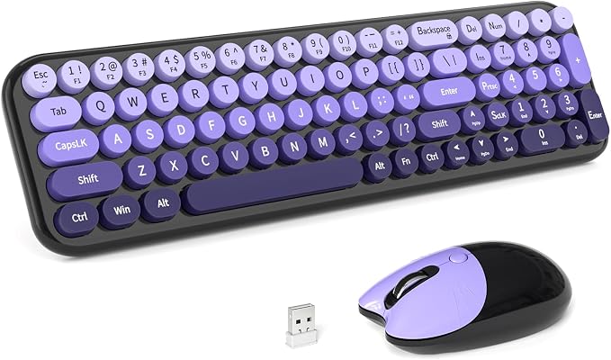 Dilter Wireless Keyboard and Mouse Combo, Portable Retro Keyboard with Compact Size, 2 in 1 USB Connected Mouse for Windows 7/8/10, Laptop, Desktop, PC, Computer (Black Purple)