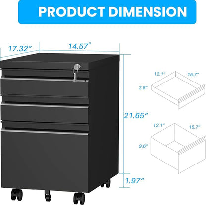 3-Drawer Mobile Steel Filing Cabinet with Lock, Fully Assembled Under Desk File Cabinet for Letter/Legal/A4 Size, Heavy Duty Storage Organizer for Home Office