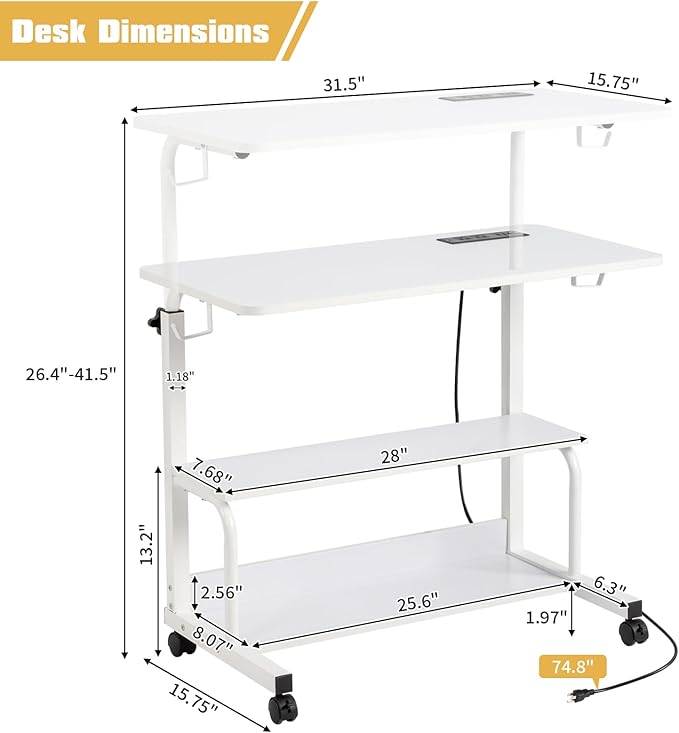 Karl home 31.5" Portable Rolling Desk on Wheels,Height Adjustable Standing Desk with 2 AC Outlets/3 USB Ports,Mobile Laptop Table with Hooks and Storage Shelves for Home Office,White