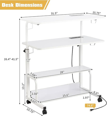 Karl home 31.5" Portable Rolling Desk on Wheels,Height Adjustable Standing Desk with 2 AC Outlets/3 USB Ports,Mobile Laptop Table with Hooks and Storage Shelves for Home Office,White