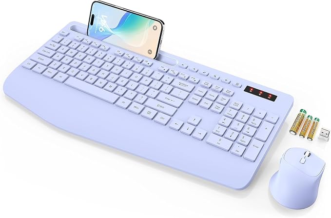 SABLUTE Wireless Keyboard and Mouse, Wrist Rest, Phone Holder, Batteries Included, 2.4G Lag-Free Ergonomic Keyboards Mouse Combo, KM23D Silent Keyboards Set for Computer, Laptop, PC, Windows, Purple