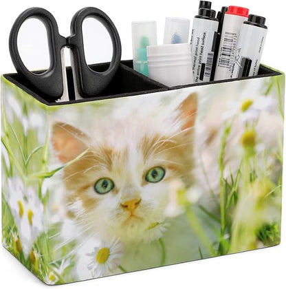 Niapessel Pencil Holder for Desk, Cute Little Cat Pen Holder Storage Desktop Pen Organizer Desk Pencil Organizer Makeup Brush Holder for Office School College Leather