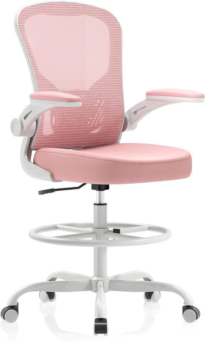 Synorla Ergonomic Drafting Chair, Tall Mesh Office Chair with Flip-up Armrests, Lumbar Support & Adjustable Footrest Ring for Standing Desk Gray Pink
