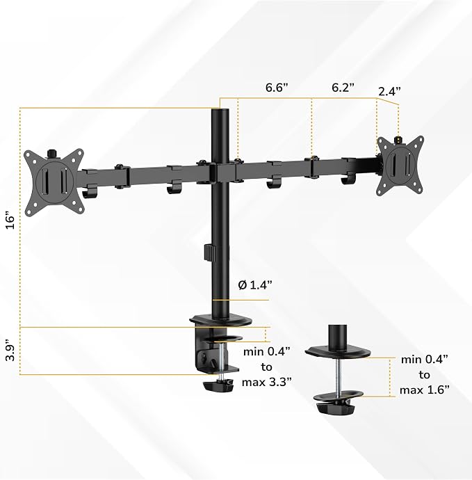 Mount-It Dual Monitor Arm, Desk Mount for 2 Screens 13-32 in, Steel | Holds up to 19.8 lbs Each, Full Motion Tilt Swivel Rotate, VESA 75x75 100x100, Cable Management, C-Clamp or Grommet, Black