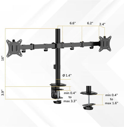 Mount-It Dual Monitor Arm, Desk Mount for 2 Screens 13-32 in, Steel | Holds up to 19.8 lbs Each, Full Motion Tilt Swivel Rotate, VESA 75x75 100x100, Cable Management, C-Clamp or Grommet, Black
