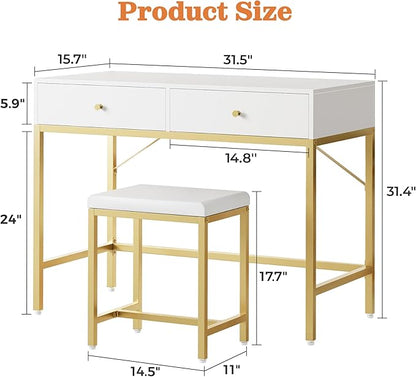SUPERJARE 31.5" White and Gold Desk with 2 Drawers, Modern Makeup Vanity with Padded Stool, Small Computer Desk Home Office Desk for Writing Study Bedroom