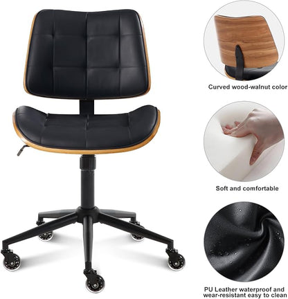 BV Armless Office Chair with Rubber Wheels, 360° Swivel Adjustable Task Chair, PU Leather Rolling Desk Chair for Home Office, Study and Conference Room, Black