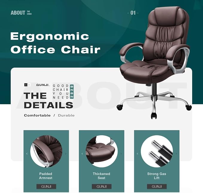 GUNJI Office Chair PU Leather High Back Executive Chair Ergonomic Computer Chair, Modern Adjustable Home Desk Chair Swivel Managerial Chair with Padded Armrests and Lumbar Support (Brown)