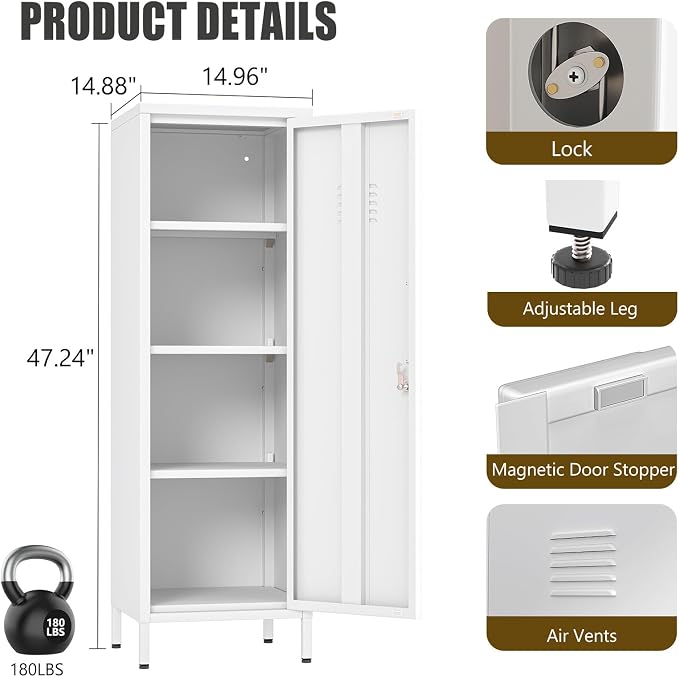 erosoei 47.24" H Metal Locker Storage Cabinet, Office Locker with 3 Adjustable Shelves, Steel Cabinet with 1 Door, High Legs Organizer for Home Office, Kitchen, Living Room, Bedroom and Bathroom