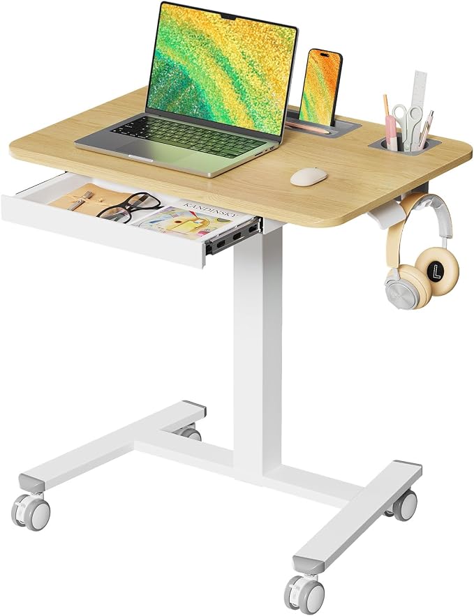 Mobile Standing Desk with Drawer, 28" Rolling Desk with Cup Holder and Hooks, Portable Laptop Workstation on Wheels, Height Adjustable Cart with Storage for Home Office, Maple