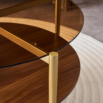 LumFurn Round Coffee Table, Mid-Century Modern Design, D30 x H17, for Living Room, 2-Tier Structure, Amber Glass Top and Walnut MDF Shelf, Sleek Conical Metal Legs with Gold Finish