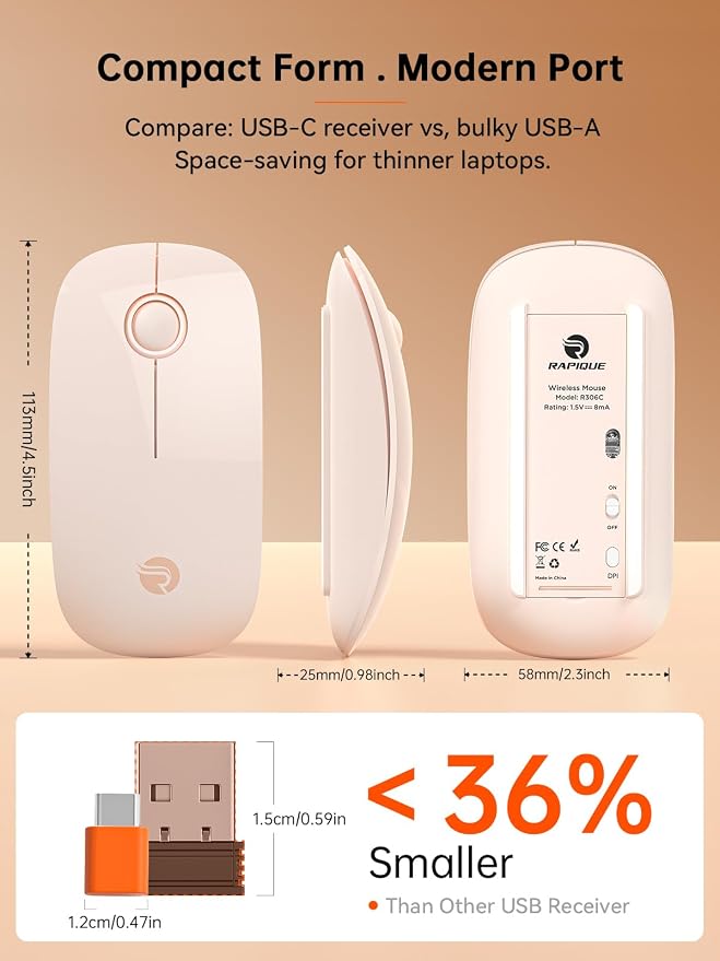 RAPIQUE R306C USB C Wireless Mouse for MacBook, Type-C 2.4GHz Portable Computer Mouse, Silent Click, Ultra-Slim Cordless Mouse, 3-Speed DPI, for USB-C Laptops, iPad, Chromebook, MacOS - Flesh Pink