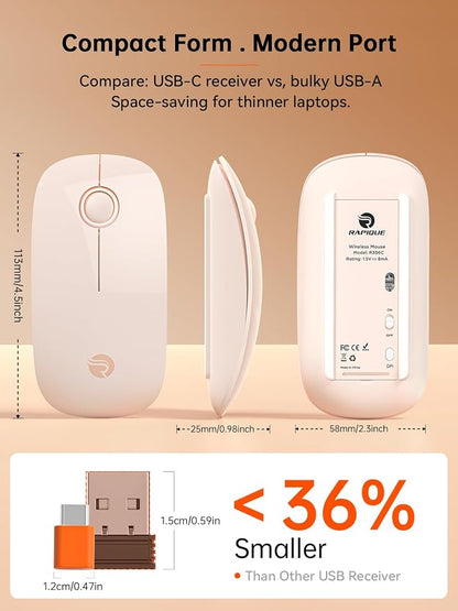 RAPIQUE R306C USB C Wireless Mouse for MacBook, Type-C 2.4GHz Portable Computer Mouse, Silent Click, Ultra-Slim Cordless Mouse, 3-Speed DPI, for USB-C Laptops, iPad, Chromebook, MacOS - Flesh Pink