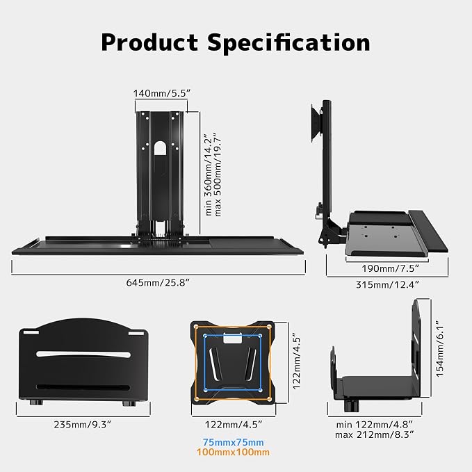 Monitor and Keyboard Wall Mount with CPU Holder for 32" Monitors (55 lbs Max), Keyboard Tray (4.4 lbs Load) & CPU Holder (22 lbs Capacity) - Height Adjustable, with Mouse Pad, VESA75/100
