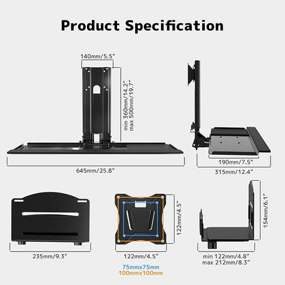 Monitor and Keyboard Wall Mount with CPU Holder for 32" Monitors (55 lbs Max), Keyboard Tray (4.4 lbs Load) & CPU Holder (22 lbs Capacity) - Height Adjustable, with Mouse Pad, VESA75/100