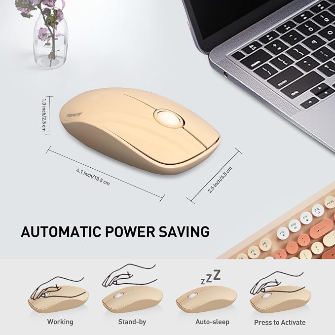 FOPETT 2.4GHz Wireless Keyboard and Mouse Set with Switch Button - Full-Size Keyboard - Compatible for Windows/Laptop/PC/Notebook/Smart TV and More - Milk Tea Colorful