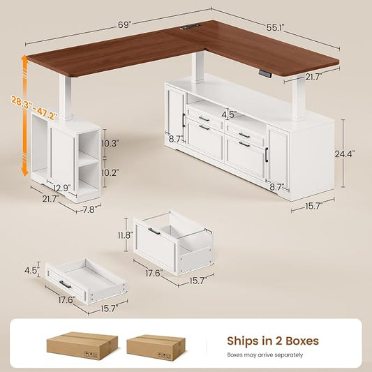 SEDETA Farmhouse L Shaped Electric Standing Desk, 69" x 55" Height Adjustable Office Executive Desk with 4 Drawers and Storage Shelves, Sit Stand Computer Desk with Power Outlet, White and Brown