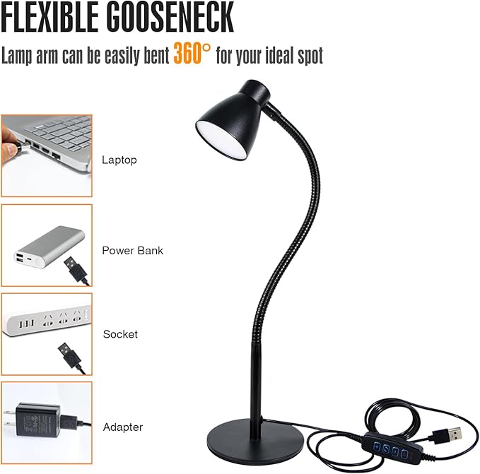 Small Dimmable Gooseneck LED Desk Lamp for Home Office, CRI 90+ Eye-Caring Reading Light, Adjustable Brightness, Perfect for Study Desk (Adapter Included)