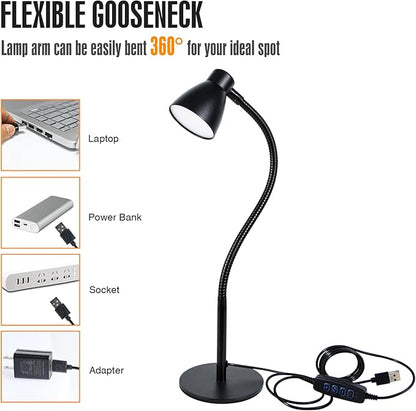 Small Dimmable Gooseneck LED Desk Lamp for Home Office, CRI 90+ Eye-Caring Reading Light, Adjustable Brightness, Perfect for Study Desk (Adapter Included)