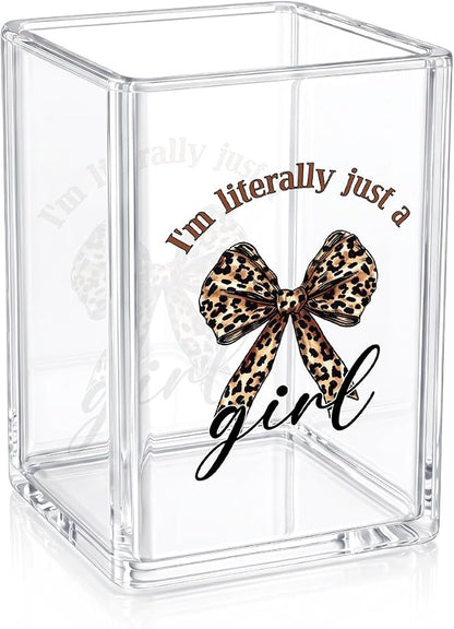 I'm Literally Just a Girl Acrylic Pen Holder - Leopard Bow Office Desk Accessories, Cheetah Print Cosmetic Makeup Brush Organizer, Funny Girly Room Decor for Home, Aesthetic Stationery Cup