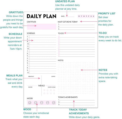 Daily Planner Notepad - Tear-Off Daily Planning Pad, Organizer with To Do Lists, Schedule, Appointment, Productivity Tracker, 50 Undated Sheets, 8.5 x 11 in