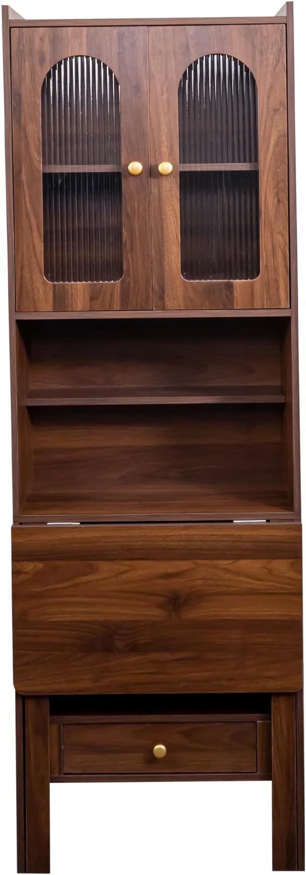LUMISOL Fold-Out Home Office Desks Writing Table with Glass Doors, Drawers, Bookshelf & Storage Shelves, Modern Wooden Convertible Workstation for Work, Study, Walnut