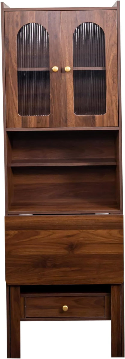 LUMISOL Fold-Out Home Office Desks Writing Table with Glass Doors, Drawers, Bookshelf & Storage Shelves, Modern Wooden Convertible Workstation for Work, Study, Walnut