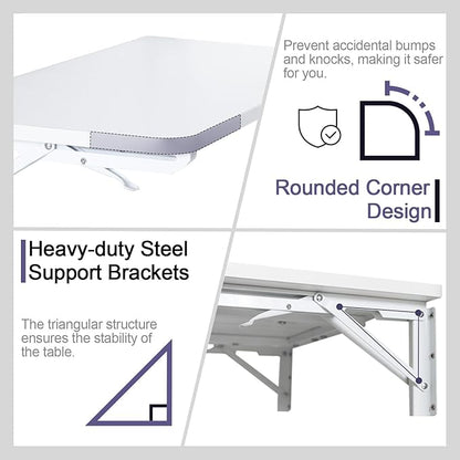 TEAMIX Wall Mounted Folding Table, White Floating Desk for Small Spaces Laundry Shelf with Heavy Duty Brackets Floating Desk for Garage, Utility Room, Kitchen, Laundry Room