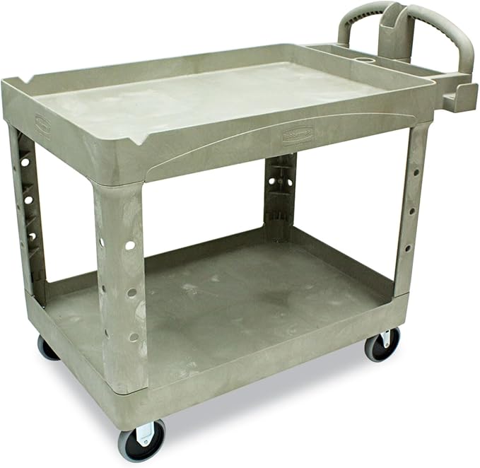 Rubbermaid Commercial Products BRUTE Heavy Duty 2-Shelf Utility/Service Cart, Medium, Lipped Shelves, Ergonomic Handle, 500 lbs. Capacity, Beige, for Warehouse/Garage/Cleaning/Maintenance