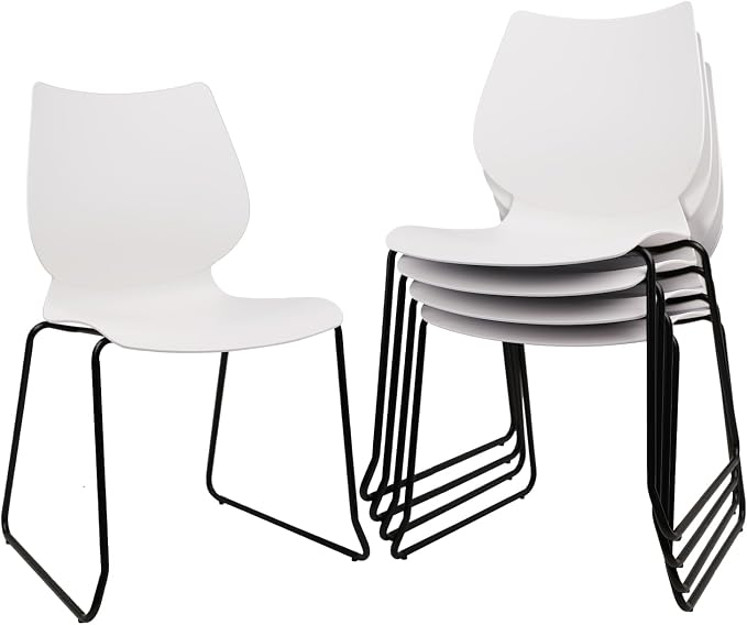 KLASIKA Stackable Waiting Room Chair, Stacking Office Chair with Ergonomic Lumbar Support and Metal Legs, Plastic Desk Chairs for Conference School Church Guest Reception Set of 4, White