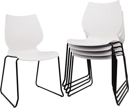 KLASIKA Stackable Waiting Room Chair, Stacking Office Chair with Ergonomic Lumbar Support and Metal Legs, Plastic Desk Chairs for Conference School Church Guest Reception Set of 4, White
