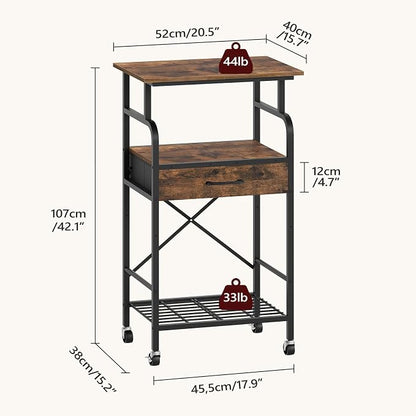 MAHANCRIS Tall Printer Stand, 3 Tier Printer Cart with Storage, Industrial Printer Table on Wheels, Adjustable Shelf & Fabric Drawer, for Home Office Study Rustic Brown PTHR5401