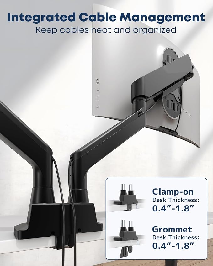 Dual Monitor Arm – fits 17-35 inch Heavy Duty Flat/Curved Monitors, Full Motion Adjustable Gas Spring Arms Hold 35.2 lbs per Arm with Clamp & Grommet Desk Mount, VESA 75/100mm, Black