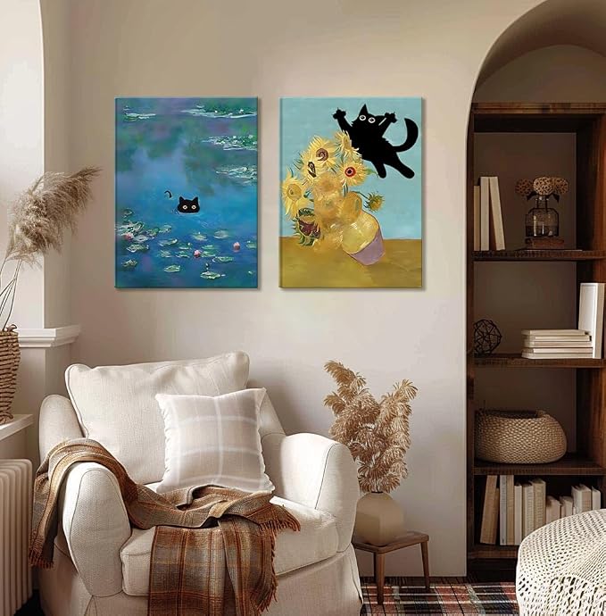 Funny Black Cat Wall Art Monet Cat in Water Lilies Canvas Wall Decor Van Gogh Starry Night Sunflower Aesthetic Pictures Paintings Prints for Bedroom Living Room Bathroom 12x16 in Framed