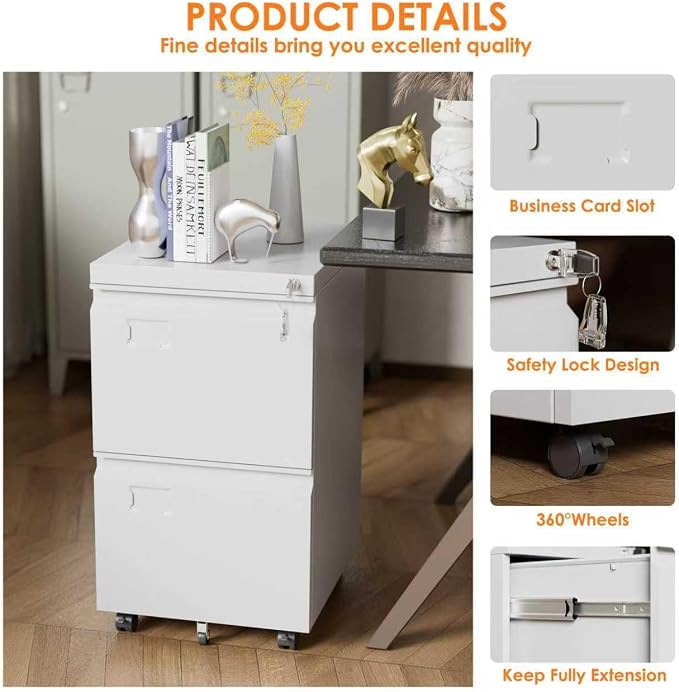 METAN 2 Drawer Vertical File Cabinet with Lock, Mobile Metal Filing Cabinet for Legal/Letter Size, Office Storage File Cabinet Under Desk with Card Holder,Assembly Required,White