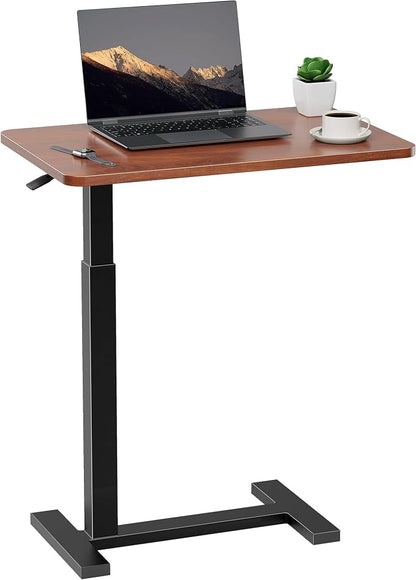 Adjustable Overbed Bedside Table with Wheels, Pneumatic Adjustable Hospital & Home Use Bed Table, Rolling Laptop Table, Mobile Standing Desk, Brown