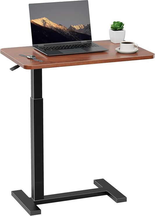 Adjustable Overbed Bedside Table with Wheels, Pneumatic Adjustable Hospital & Home Use Bed Table, Rolling Laptop Table, Mobile Standing Desk, Brown