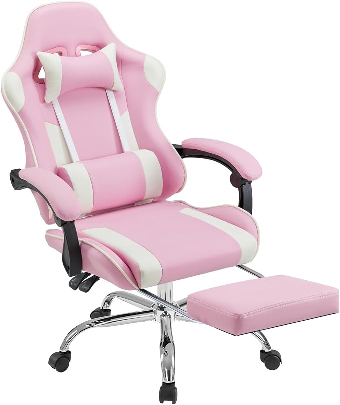 NEWBULIG Gaming Chair with Footrest – Ergonomic High-Back with Lumbar & Headrest Support, Comfy PU Leather Recliner with Linkage Armrests, Adjustable Height, 360° Swivel, Pink